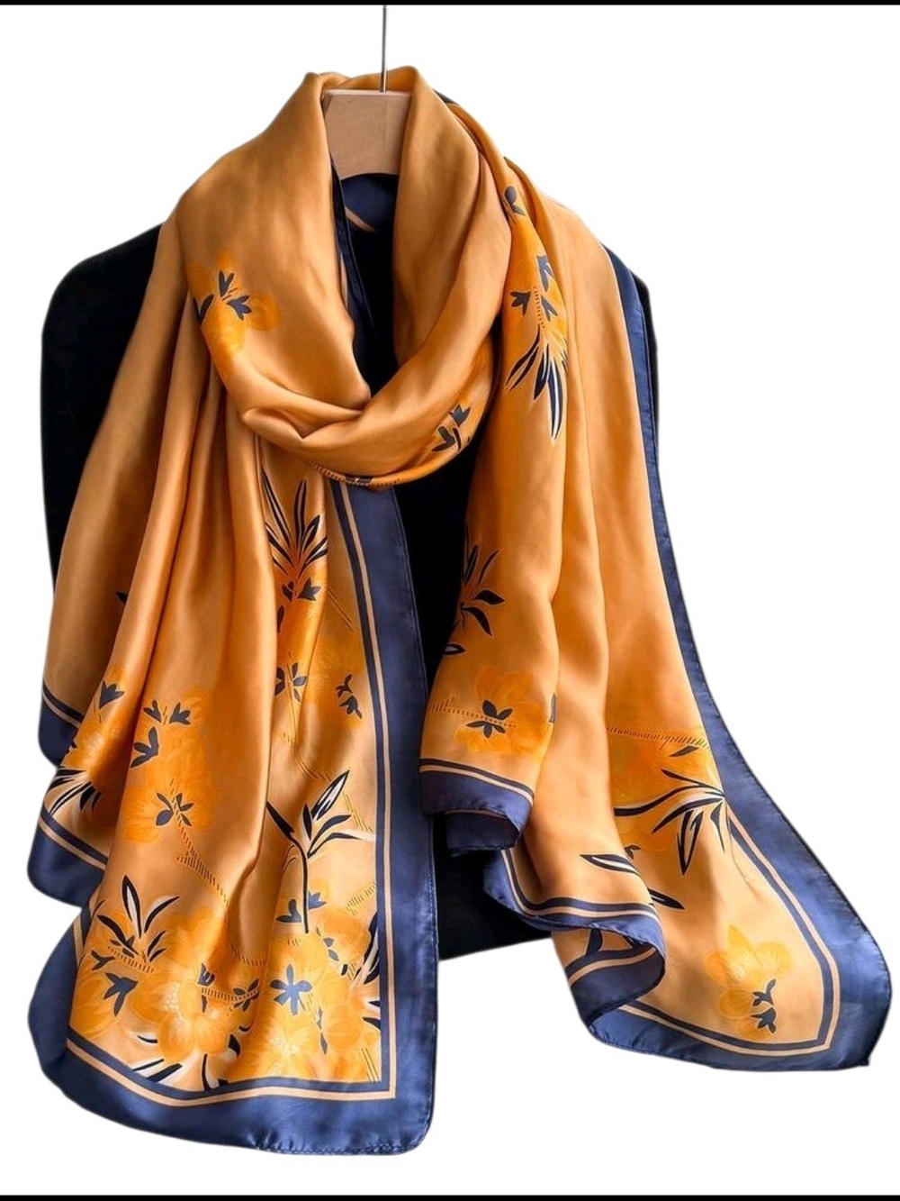 Elegant Mustard Floral Silk-Feel Scarf with Navy Trim